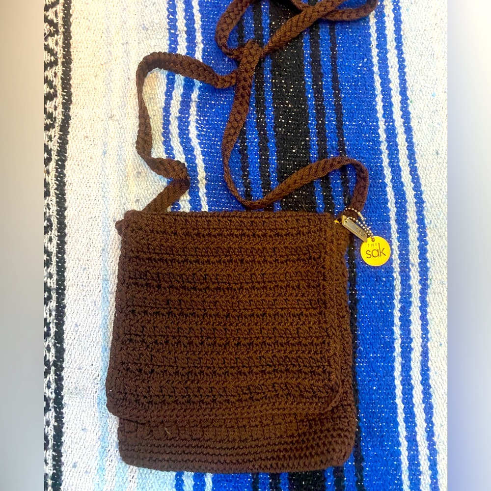 The SAK Y2K Chocolate brown Crochet mini messenger 24” Strap